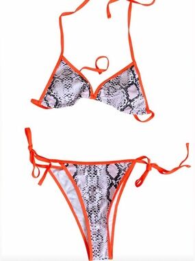Snakeskin Print Bikini Set Small | Neon Coral Trim Tie Side Two Piece Swimsuit